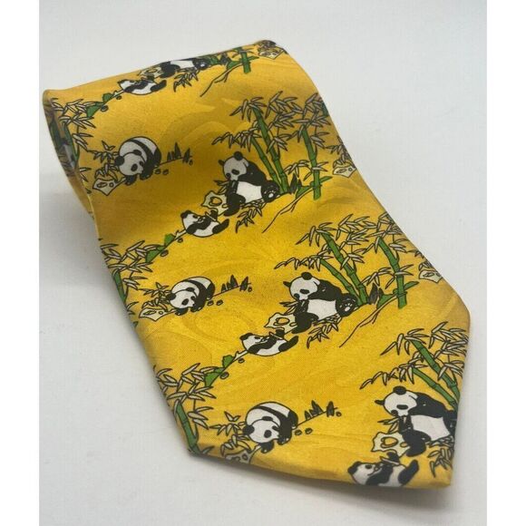 GOLD‎ CITY PANDA BEAR BAMBOO TREE YELLOW SILK NECKTIE TIE - Picture 1 of 5